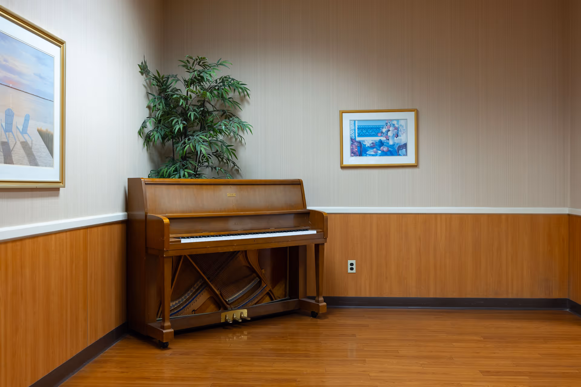 A corner of a room with a wooden upright piano against the wall, a tall green potted plant beside it, two framed paintings on the walls, and wood paneling on the lower half of the walls with beige wallpaper above. The floor is a polished wood surface.