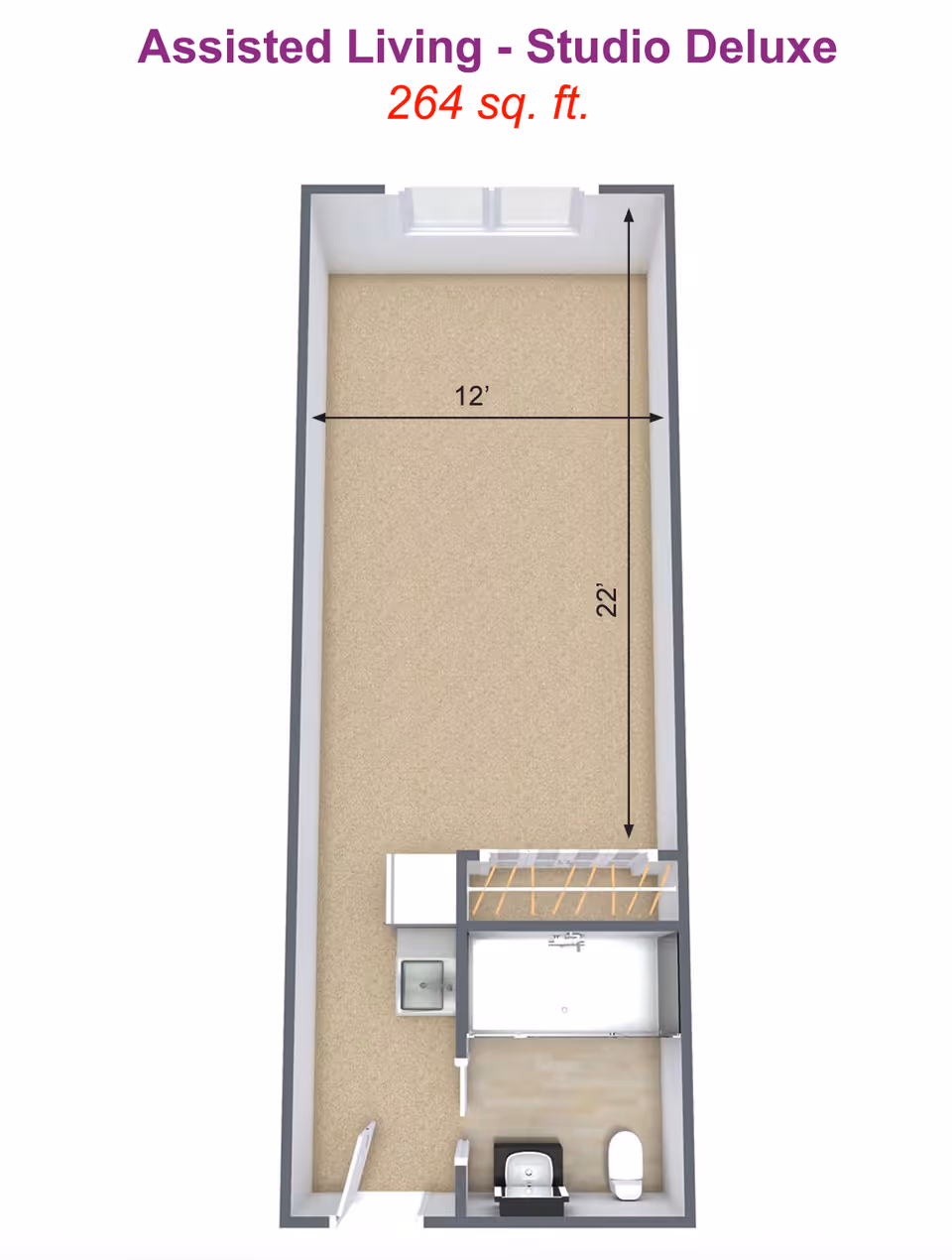 Top-down floor plan rendering of a 264 sq. ft. assisted living studio showing a 12' x 22' main room, kitchenette and bathroom.