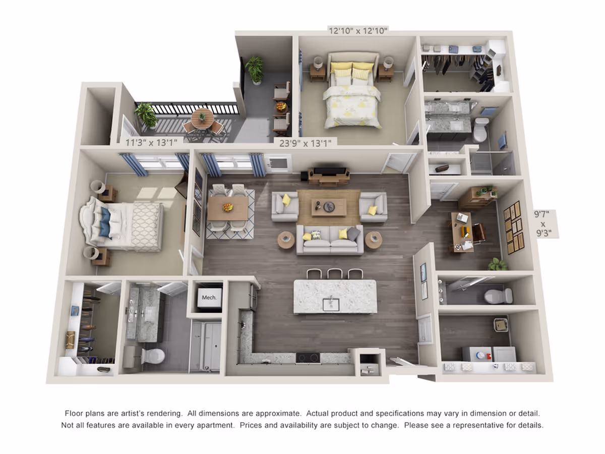 3D floor plan of an apartment featuring two bedrooms, two bathrooms, a kitchen with an island and bar stools, a dining area with a table and chairs, a living room with sofas and armchairs, a balcony with a small table and chairs, and additional spaces including closets, a laundry area, and a small office nook.