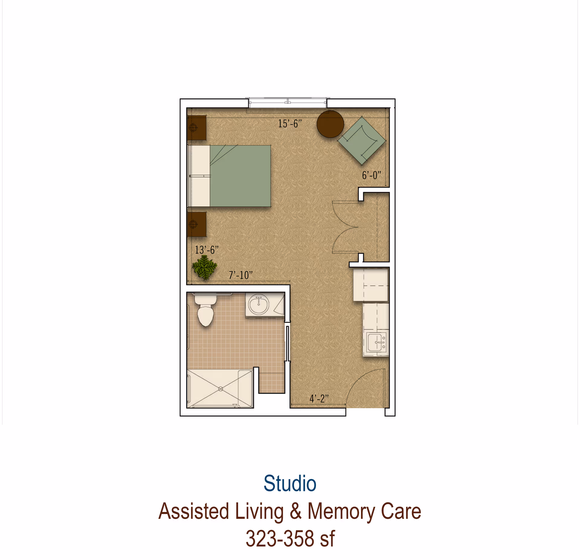 Studio floor plan showing a combined living/bedroom area with a bed, seating, kitchenette, and separate bathroom labeled 323–358 sf.