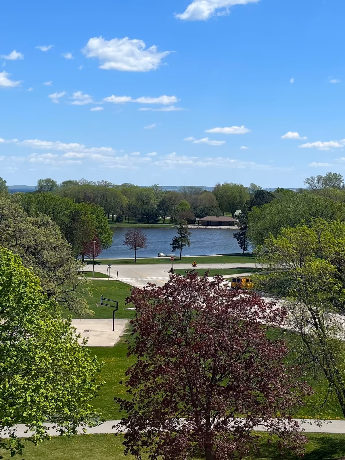 View of a small lake and surrounding trees with a road and grassy park in the foreground under a blue sky.