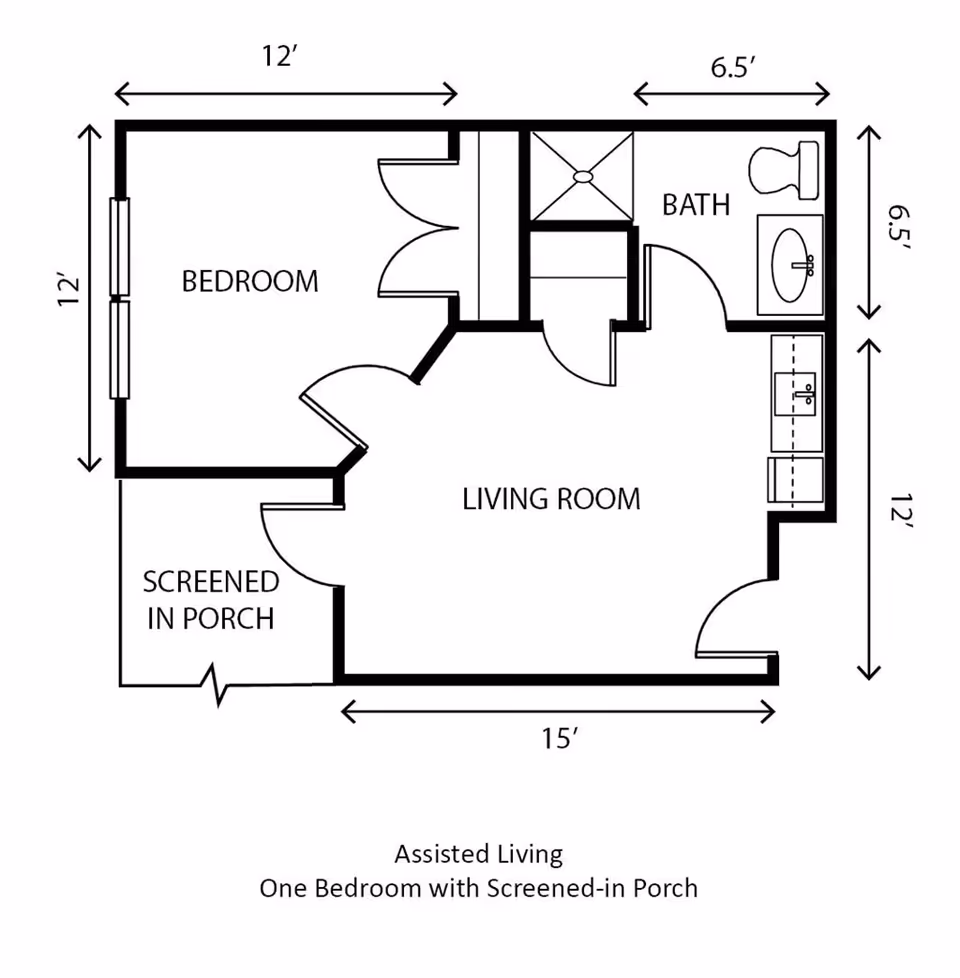 Floor plan of an assisted living unit at Cedarhurst of Oakwood showing one bedroom with a screened-in porch, living room, and bathroom. Dimensions are marked for each area.