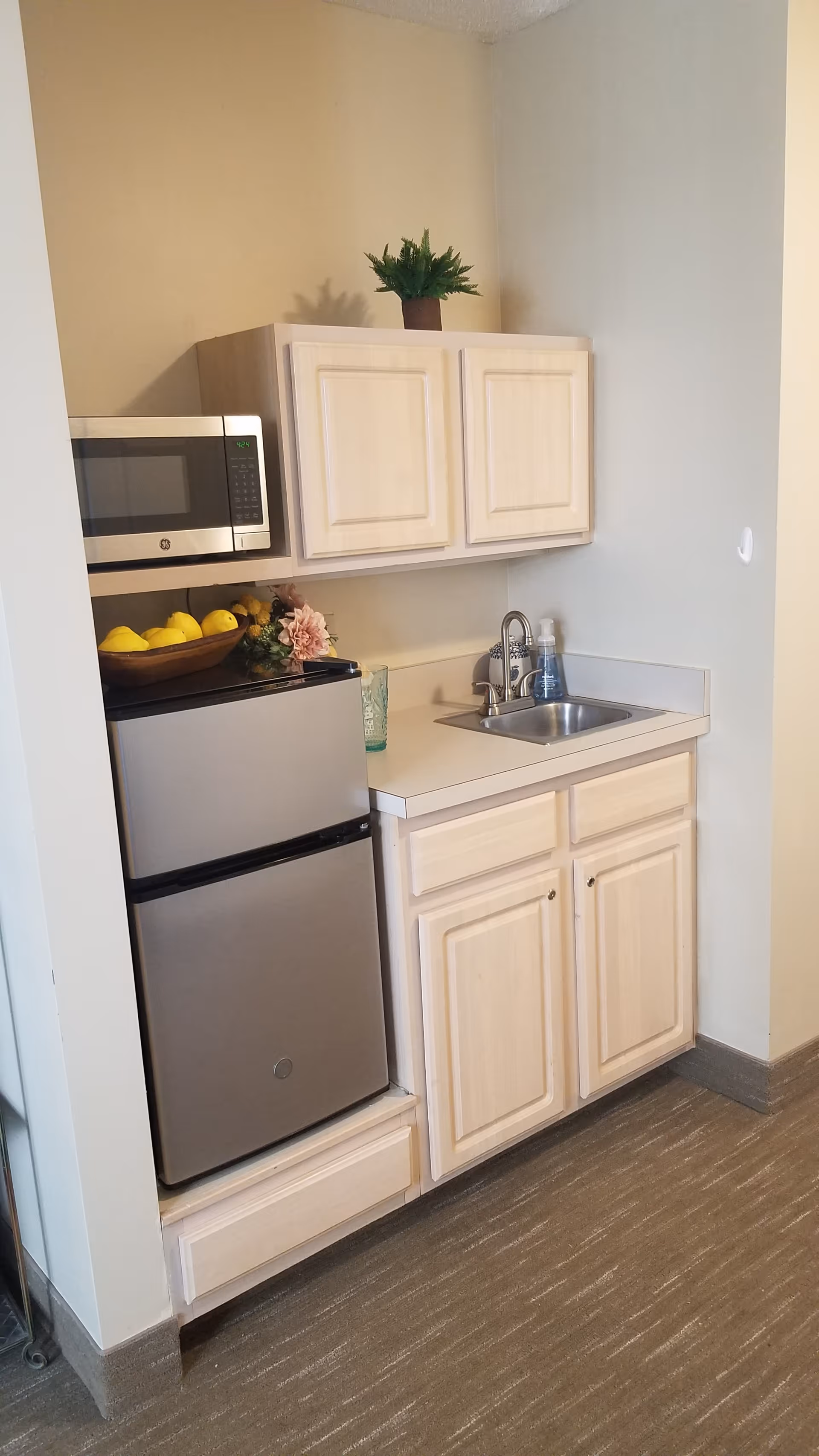 Small kitchenette with a stainless steel mini refrigerator, microwave, light wood cabinets, a small sink with a faucet, a bowl of lemons, a glass, a bottle of hand soap, and a small potted plant on top of the upper cabinets.