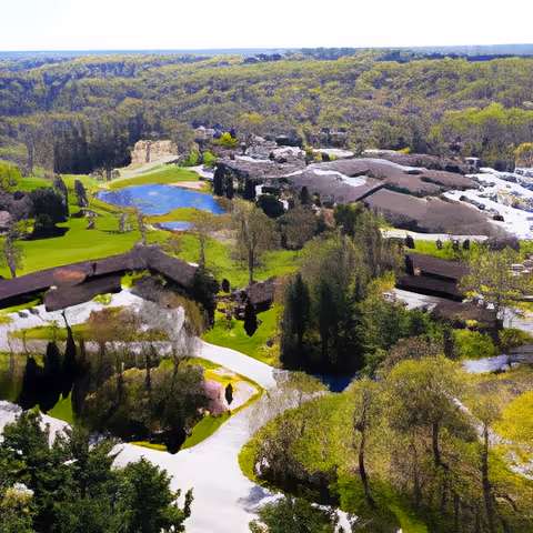 Aerial view of Kendal-Crosslands Communities showing multiple buildings surrounded by lush green trees, grassy areas, and a small pond, with a winding road running through the landscape.