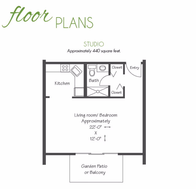 Floor plan of a studio apartment approximately 440 square feet, showing a kitchen, bathroom, two closets, entry, living room/bedroom area measuring approximately 22 feet by 12 feet, and a garden patio or balcony.