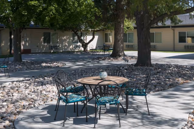 Outdoor patio area with a round table and four metal chairs with blue patterned cushions, surrounded by trees and a building in the background.
