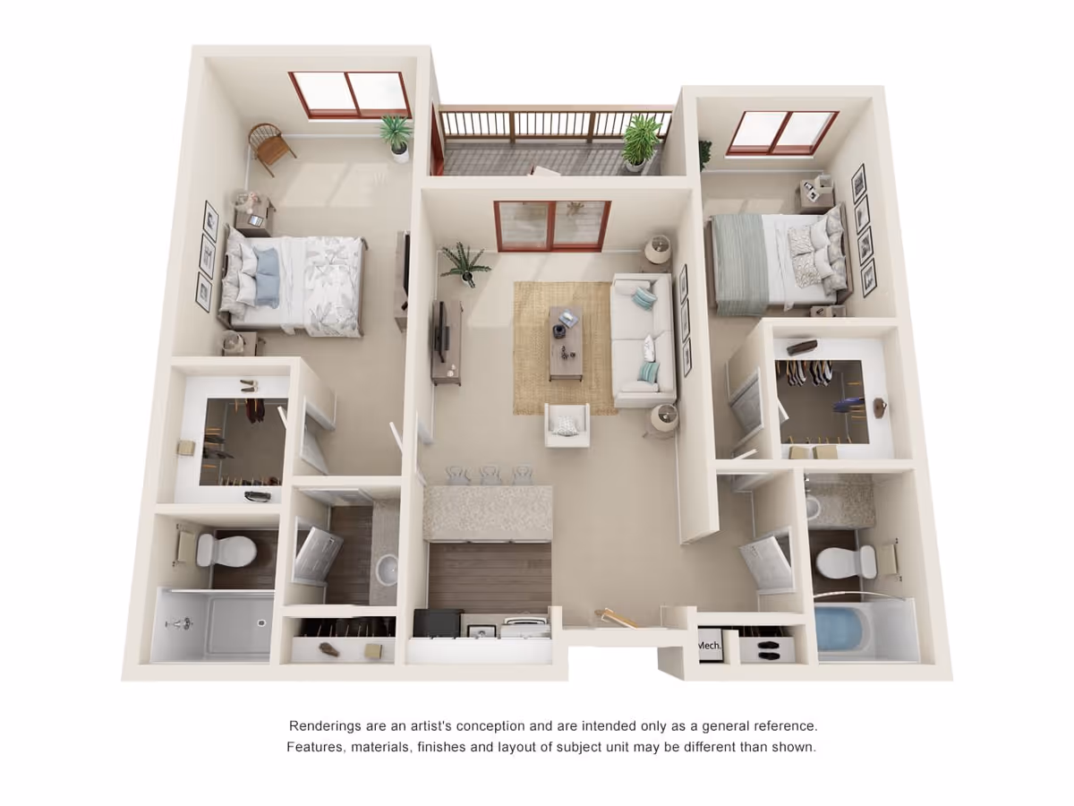 3D floor plan of a two-bedroom apartment with two bathrooms, a living room with sofa and TV, a kitchen with a breakfast bar and three stools, and a balcony. Each bedroom has a bed, nightstands, and a closet. The bathrooms include a shower and a bathtub.