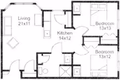 Black and white floor plan of an apartment at Appletree Court showing a living room measuring 21 by 11 feet, a kitchen measuring 14 by 12 feet, and two bedrooms measuring 13 by 13 feet and 13 by 12 feet respectively. The layout includes a bathroom and entryways connecting the rooms.