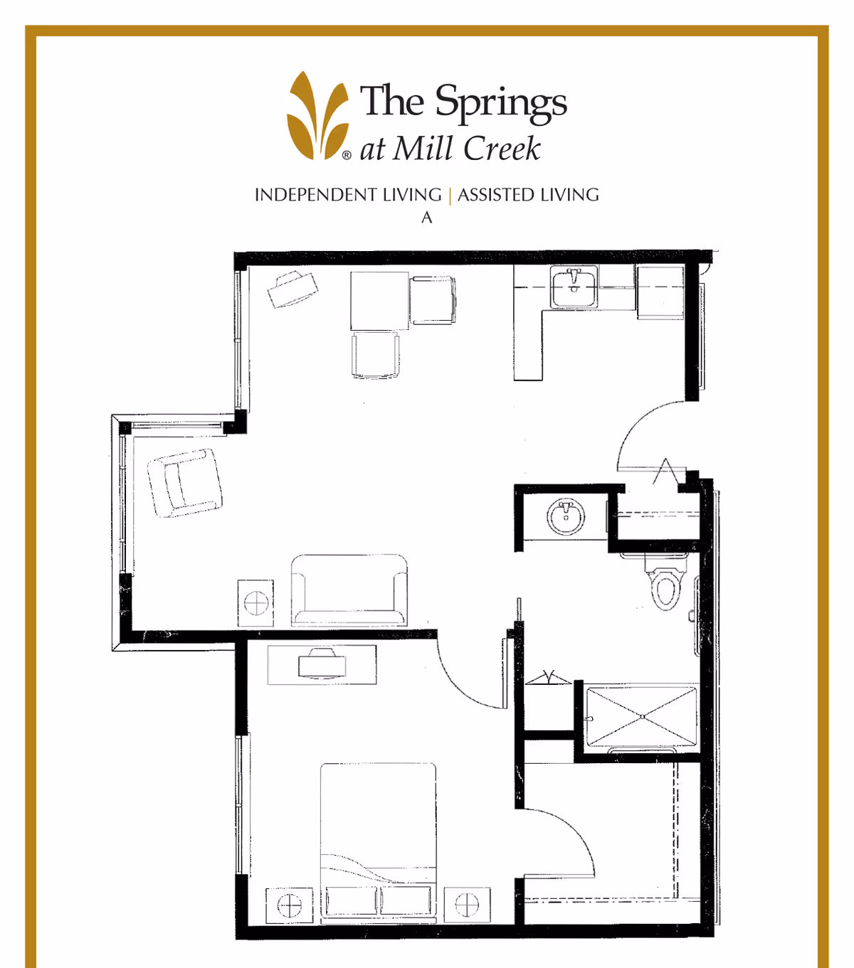 Floor plan layout of an independent living or assisted living unit at The Springs at Mill Creek, showing a living room area with seating, a kitchen with a sink, a bedroom with a bed and nightstands, and a bathroom with a toilet, sink, and shower.