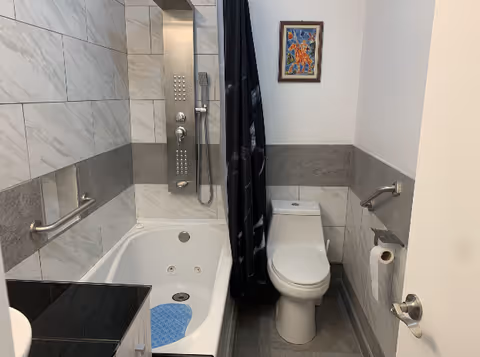 Compact modern bathroom with a bathtub/shower combo, toilet, grab bars, and framed artwork on the wall.