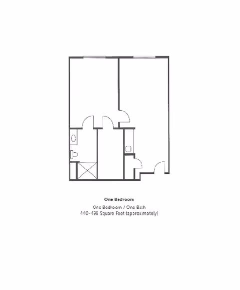 Architectural floor plan of a one-bedroom, one-bath apartment with an approximate area of 410-496 square feet. The layout shows a bedroom, bathroom, and other living spaces.