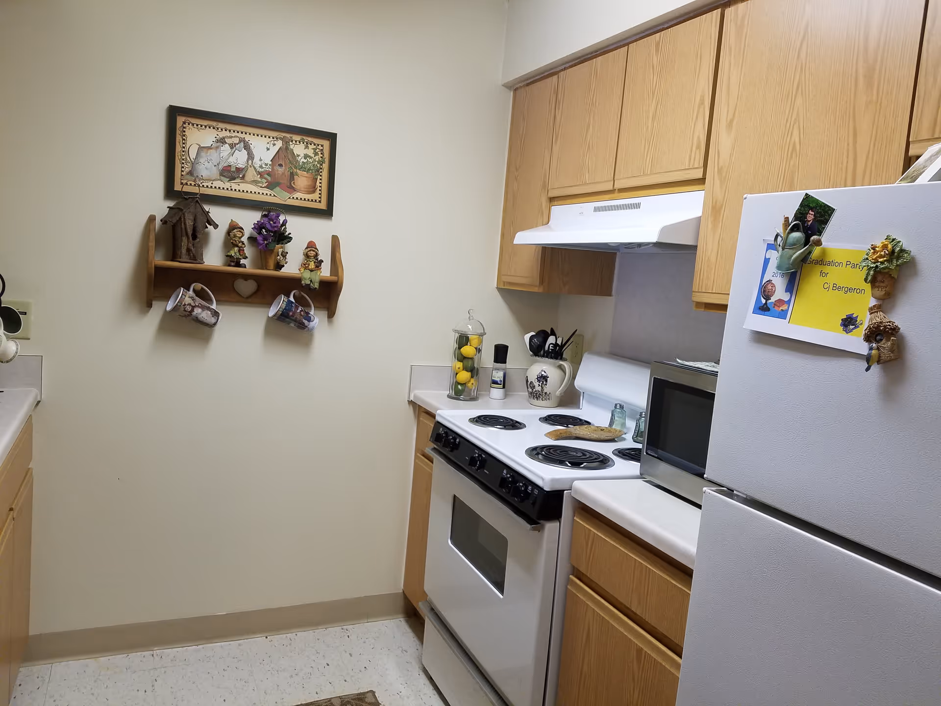 Small kitchen with a white stove and refrigerator, wooden cabinets, microwave, and a decorative wall shelf holding mugs and figurines.
