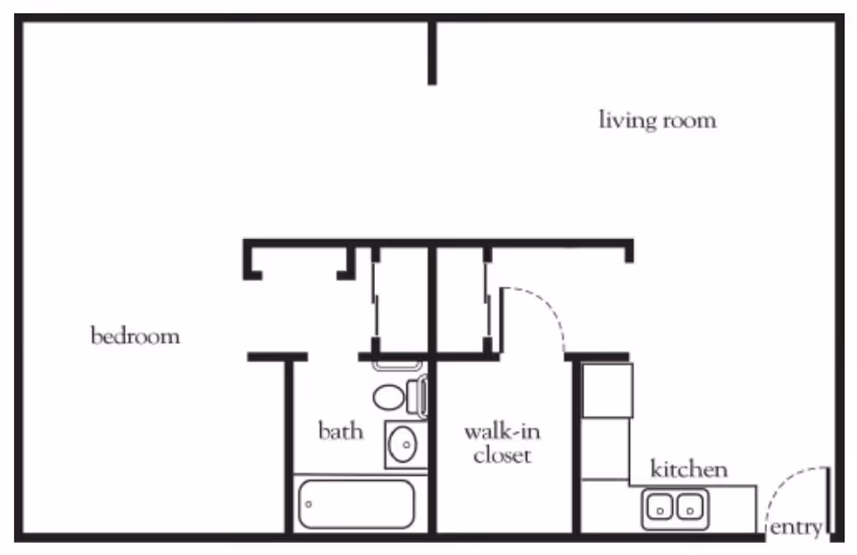Floor plan layout of a living space showing a bedroom, bathroom, walk-in closet, kitchen, living room, and entry area.