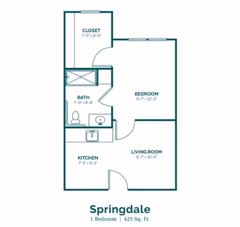 Floor plan of a one-bedroom apartment named Springdale with a total area of 425 square feet. The layout includes a living room measuring 9 feet 7 inches by 10 feet 6 inches, a kitchen measuring 7 feet 5 inches by 9 feet 3 inches, a bathroom measuring 7 feet by 8 feet 8 inches, a bedroom measuring 9 feet 7 inches by 12 feet 3 inches, and a closet measuring 7 feet by 8 feet 6 inches.
