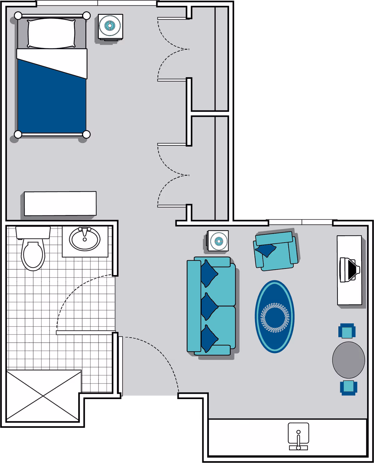 Floor plan of a senior living facility unit at Oaks at Habersham showing a bedroom with a bed, nightstand, and dresser; a bathroom with a toilet, sink, and shower; and a living room area with a sofa, armchair, coffee table, TV, and small dining table with two chairs.