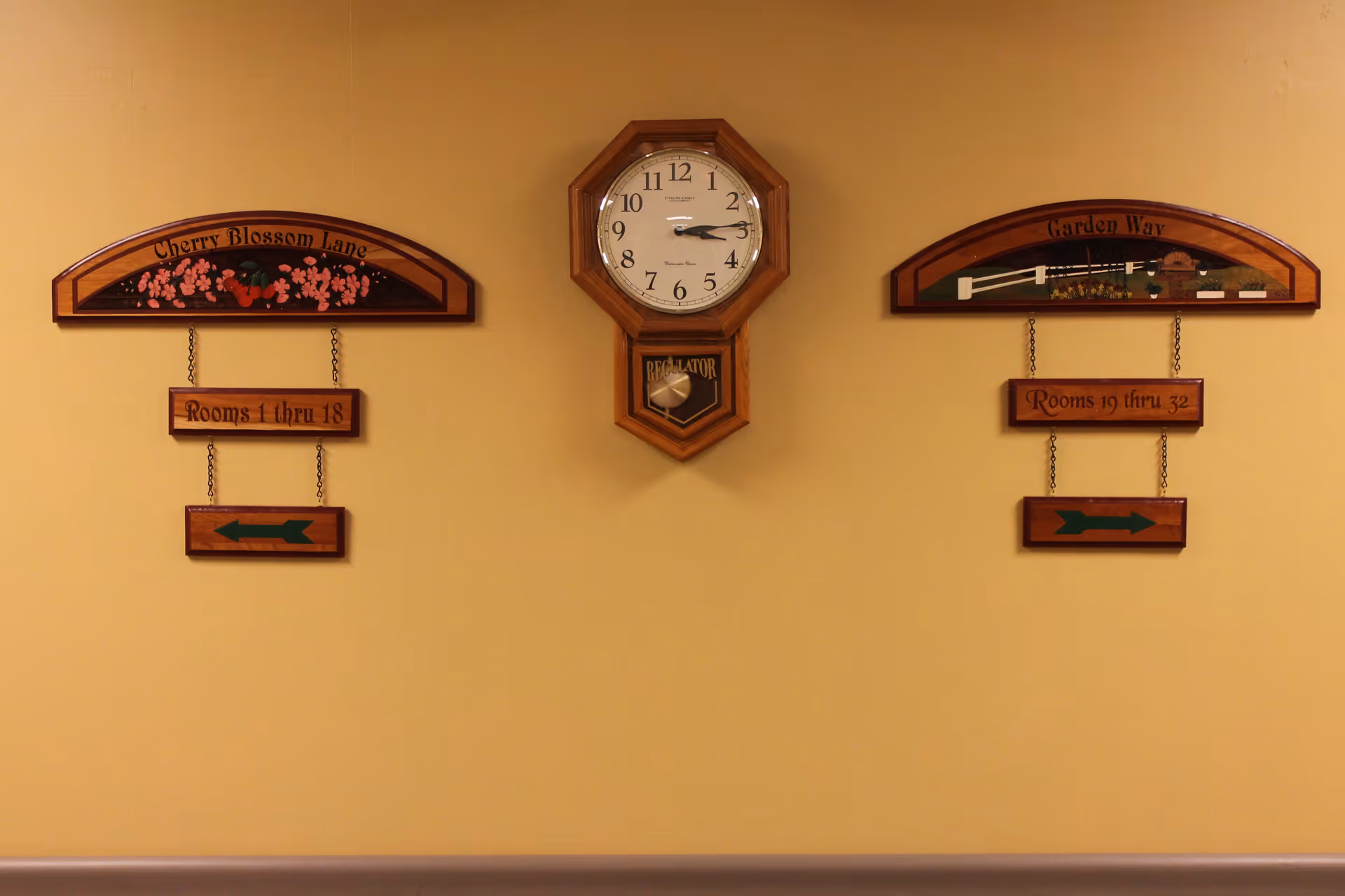 A beige wall with a wooden clock in the center showing the time as 3:15. On either side of the clock are two wooden directional signs. The left sign reads 'Cherry Blossom Lane' with 'Rooms 1 thru 18' and a left-pointing arrow below it. The right sign reads 'Garden Way' with 'Rooms 19 thru 32' and a right-pointing arrow below it.
