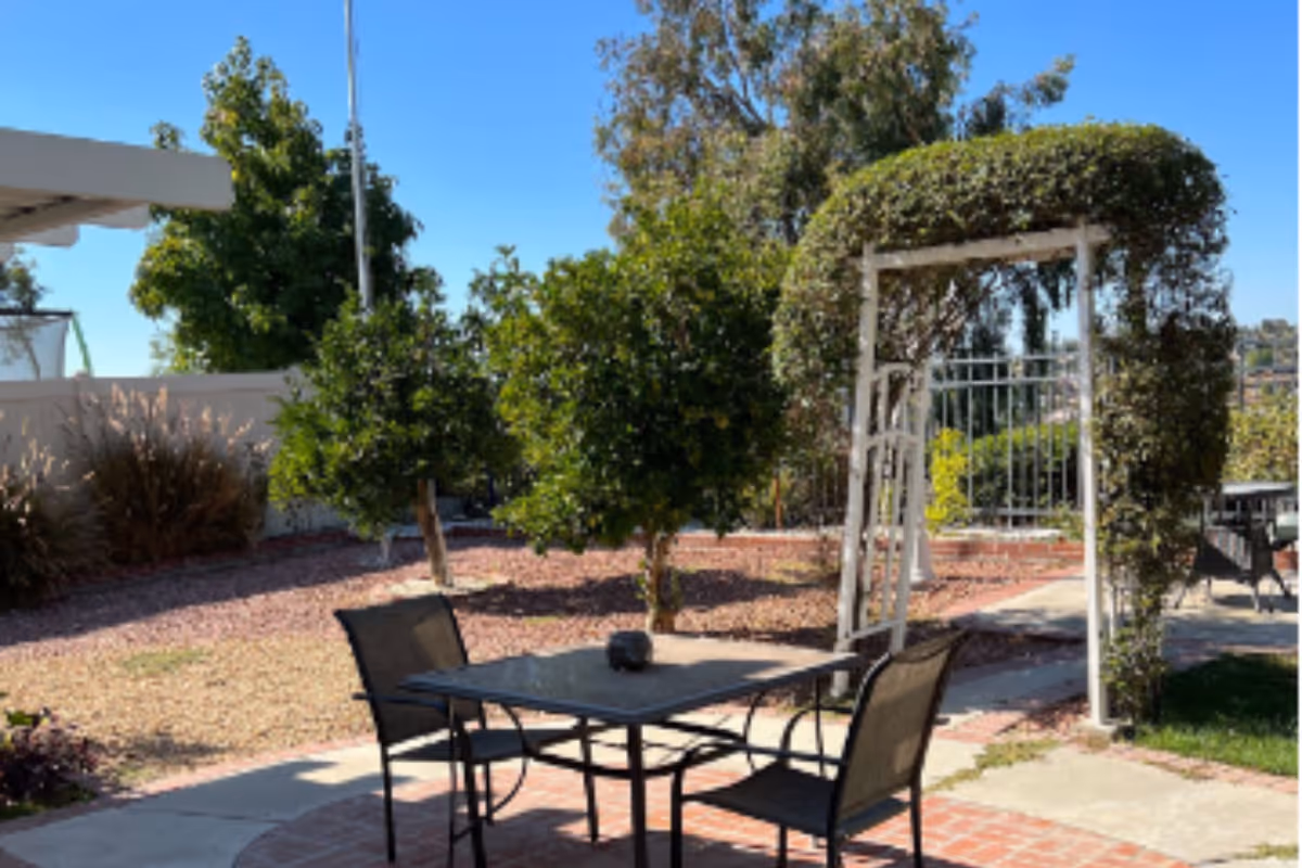 Outdoor patio area with a metal table and two chairs on a brick and concrete surface, surrounded by green trees and bushes, with a white garden arch covered in greenery and a clear blue sky in the background.
