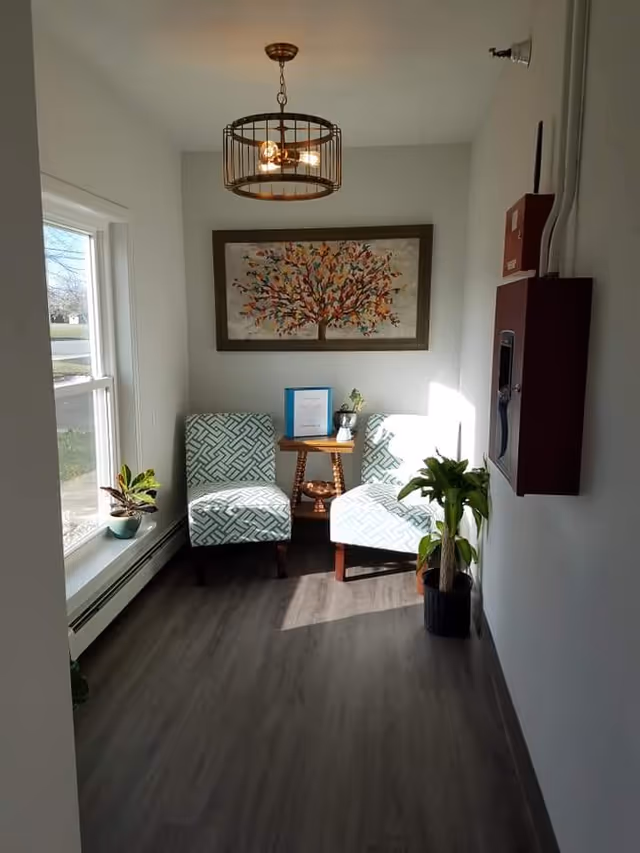 A small, bright sitting area with two patterned armchairs facing each other, a small wooden side table between them holding a blue folder and a small plant. A large framed artwork of a colorful tree hangs on the wall above the chairs. There is a window on the left side with a small potted plant on the windowsill and a larger potted plant on the floor to the right. A modern circular light fixture hangs from the ceiling, and a red fire alarm box is mounted on the right wall.