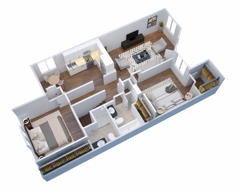 3D floor plan of a senior living apartment at Regency Place Senior Living showing two bedrooms, two bathrooms, a kitchen with dining area, and a living room with seating and a TV.