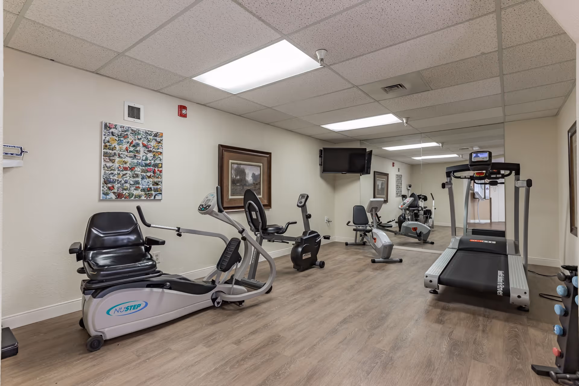 A small fitness room with exercise equipment including a recumbent bike, an upright bike, and a treadmill. The room has wood flooring, white walls with framed artwork, a large wall mirror, and a wall-mounted TV. There is also a rack of small dumbbells visible on the right side.