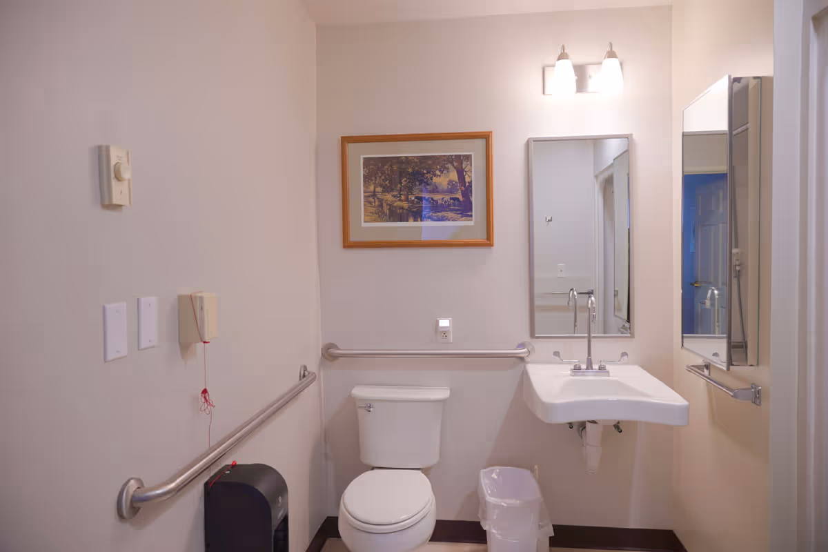 A clean, accessible bathroom with a white toilet, a wall-mounted sink with a faucet, a large mirror above the sink, and a framed picture on the wall. There are grab bars installed near the toilet and sink, a trash can below the sink, and a light fixture above the mirror. A red emergency pull cord is visible on the left wall.