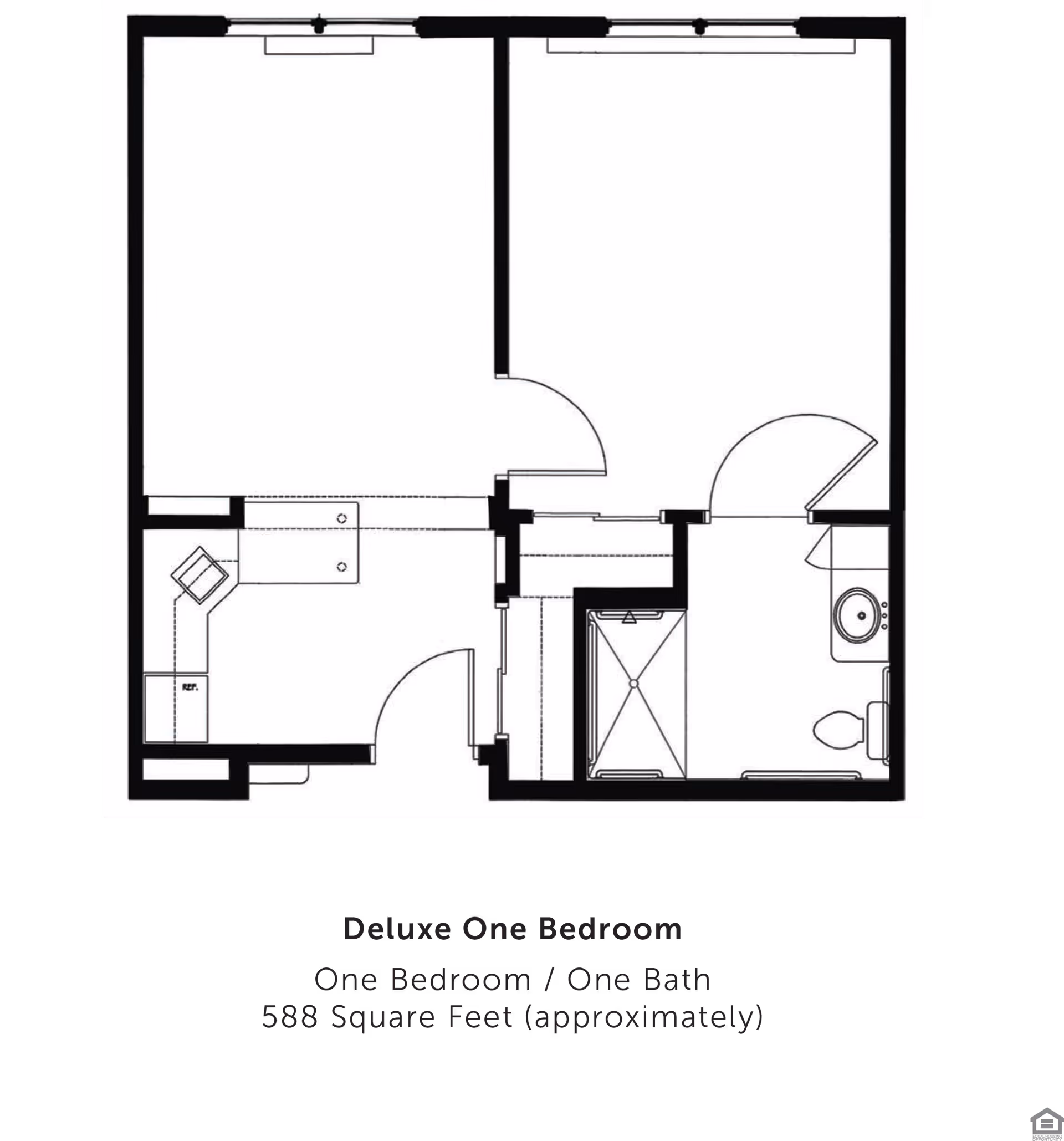 Architectural floor plan of a deluxe one-bedroom apartment with one bathroom, approximately 588 square feet. The layout includes a bedroom, bathroom with shower, toilet and sink, and a kitchen area with counters and a refrigerator.