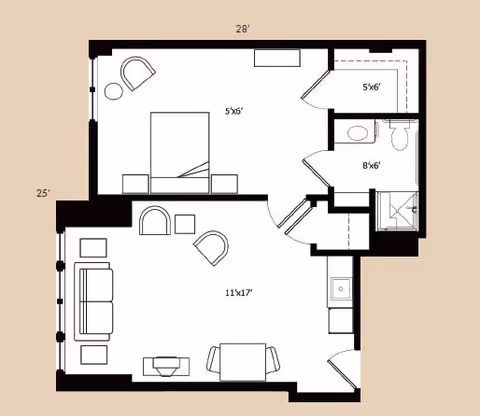 Floor plan of a living space at Tockwotton on the Waterfront showing a bedroom with a bed and chairs, a living room with sofa, chairs, and a table, a bathroom with a toilet and shower, and dimensions marked for each area.