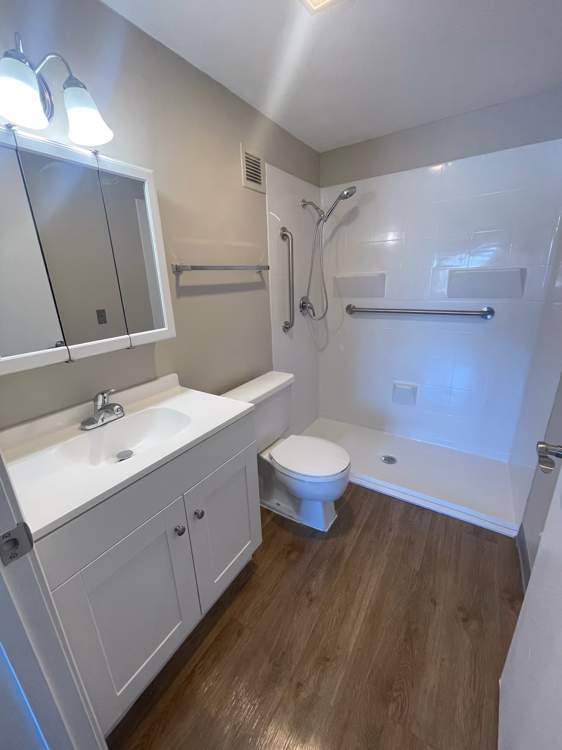 A clean, modern bathroom with a white vanity and sink on the left, a toilet next to it, and a walk-in shower with grab bars and a handheld showerhead on the right. The floor has wood-like flooring and the walls are painted light beige.
