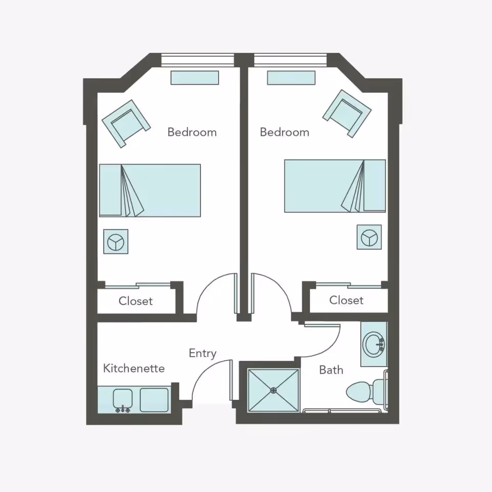 Floor plan of a living space with two bedrooms, each containing a bed, chair, and closet. The plan also includes a kitchenette, an entry area, and a bathroom with a shower, toilet, and sink.