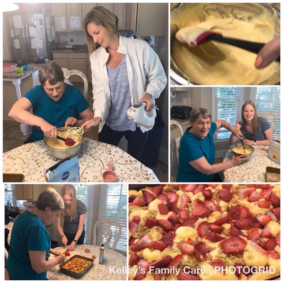 A collage of five images showing two women baking together in a kitchen. In the largest image, an older woman stirs batter in a bowl while a younger woman holds a hand mixer. Another image shows a close-up of the batter being mixed. Two images show the women preparing strawberries and placing them on a baking dish. The final image is a close-up of a baked dish topped with strawberries. The setting is a cozy kitchen and dining area with natural light coming through windows.