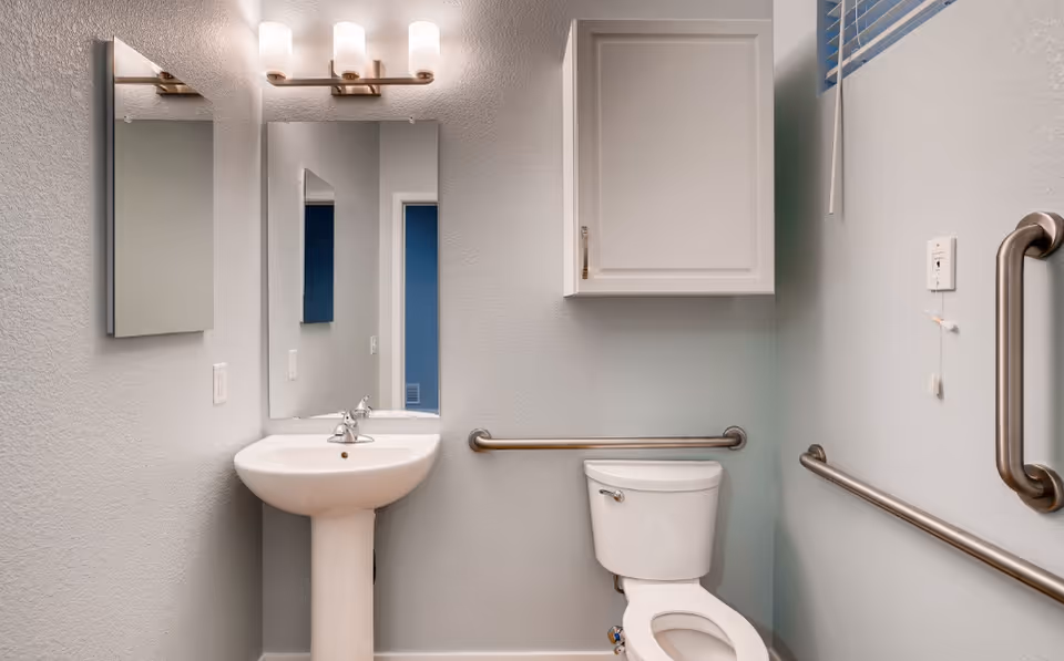 Accessible bathroom with a pedestal sink and mirror, toilet, wall-mounted cabinet, lighting, and stainless grab bars.