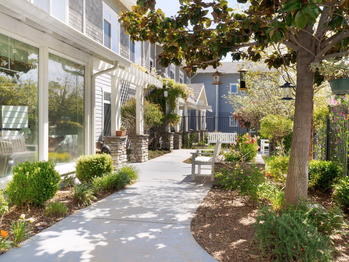 Sunlit courtyard walkway with benches, landscaped beds, and the exterior of a residential building.