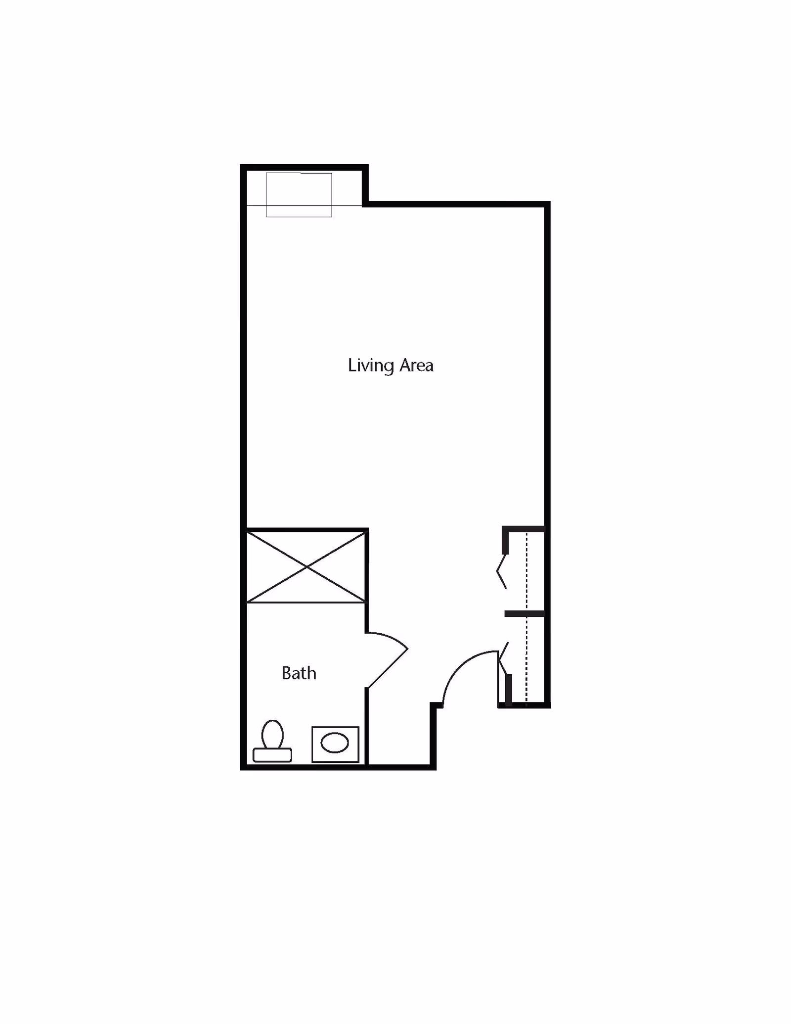 Floor plan layout showing a living area and a bathroom with a toilet and sink.