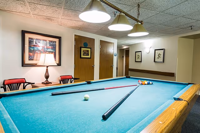 Interior room with a pool table featuring two pool cues and a white cue ball, a lamp on a side table, framed artwork on the walls, and wooden doors in the background.