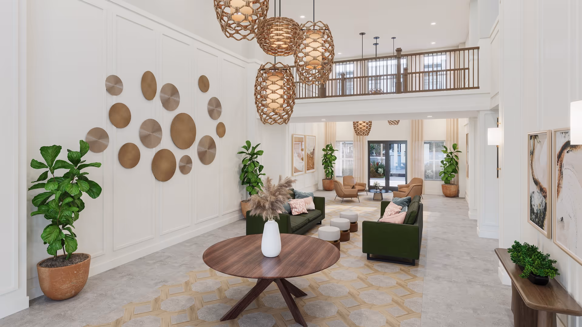 Bright, modern double-height lobby with seating areas, a round wooden table, hanging woven pendant lights, wall art and potted plants.