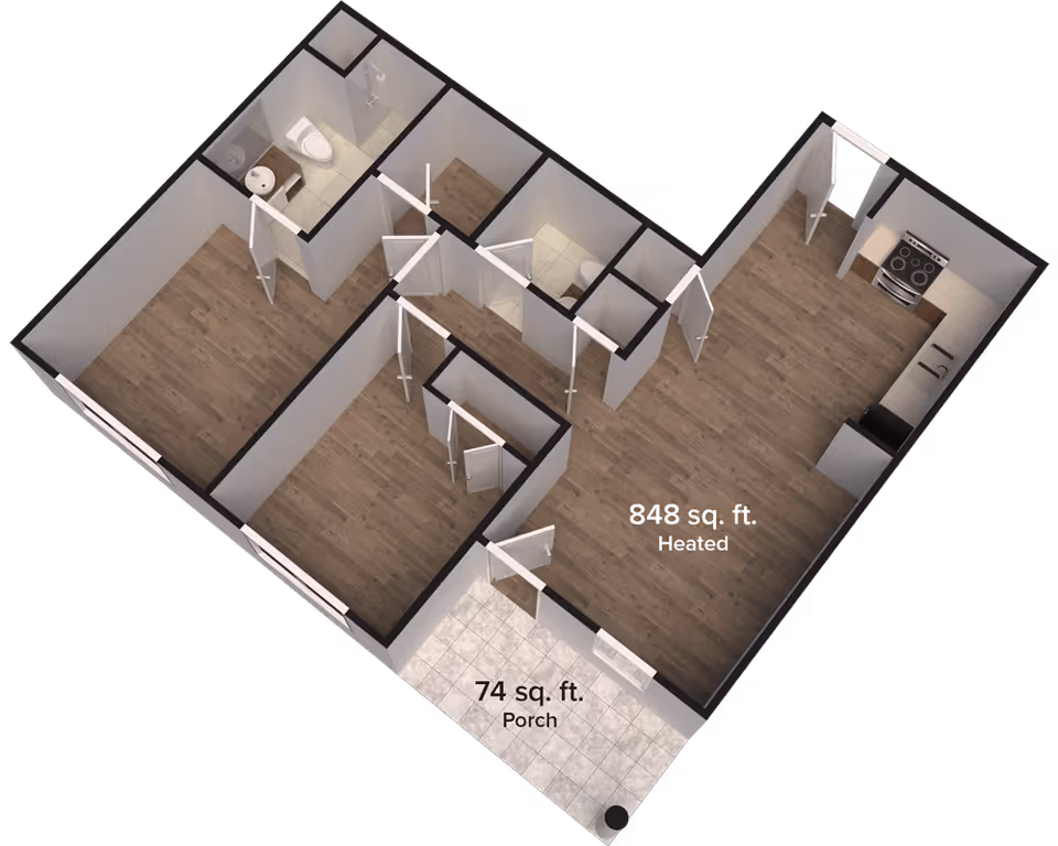 3D floor plan rendering of an apartment interior showing rooms, kitchen, bathroom and labeled areas (848 sq. ft. heated, 74 sq. ft. porch).