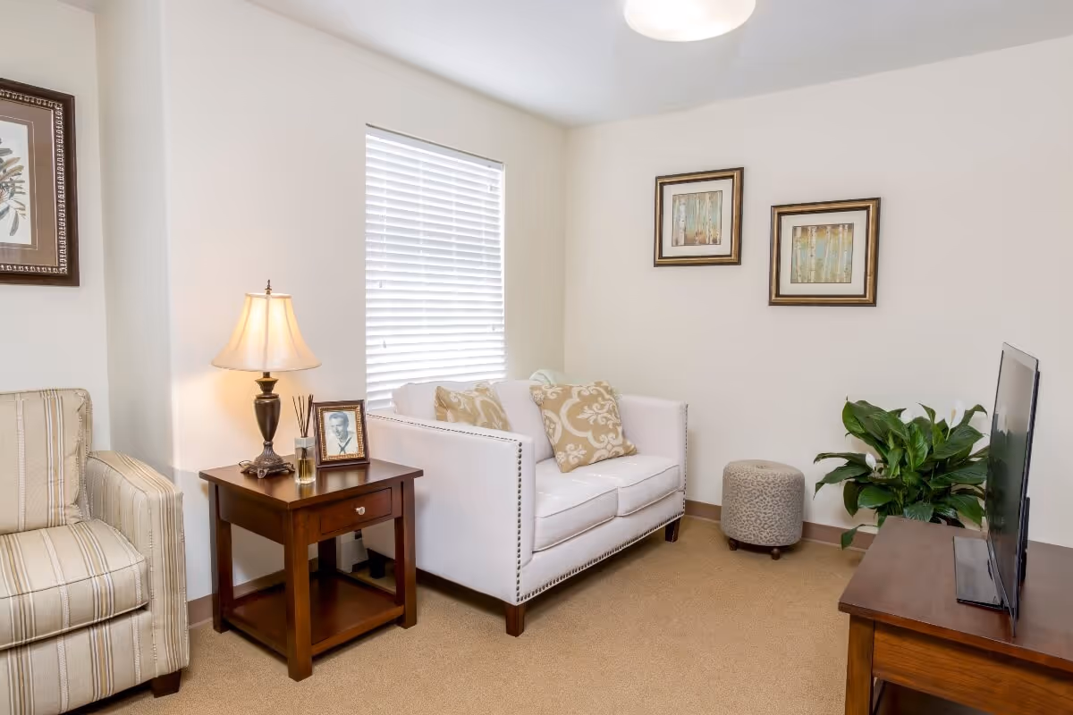 Bright furnished living room with a white loveseat, striped armchair, wooden side table with lamp, TV on a stand, framed wall art and a potted plant.