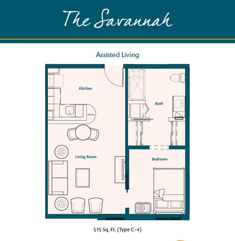 Floor plan of The Savannah assisted living unit at HarborChase of Naperville showing a kitchen, living room, bedroom, and bathroom layout with furniture and fixtures.