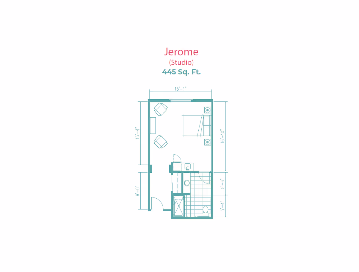 Studio floor plan labeled "Jerome (Studio) 445 Sq. Ft." showing room layout and measurements.
