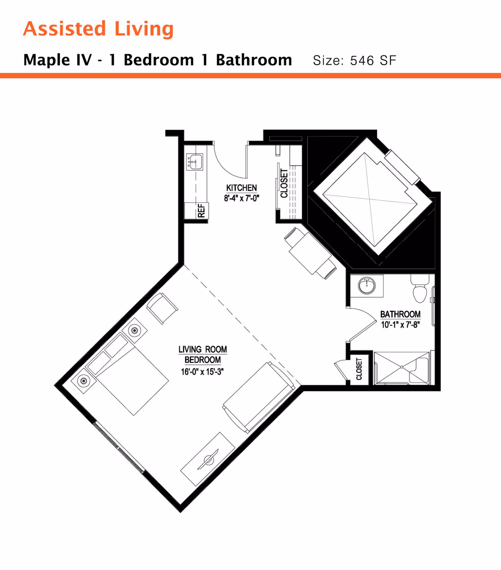 Floor plan of an assisted living unit named Maple IV at Monarch Southbury, showing a 1 bedroom, 1 bathroom layout with a kitchen, living room/bedroom area, two closets, and bathroom. The kitchen measures 8 feet 4 inches by 7 feet, the living room/bedroom area is 16 feet by 15 feet 3 inches, and the bathroom is 10 feet 1 inch by 7 feet 8 inches.