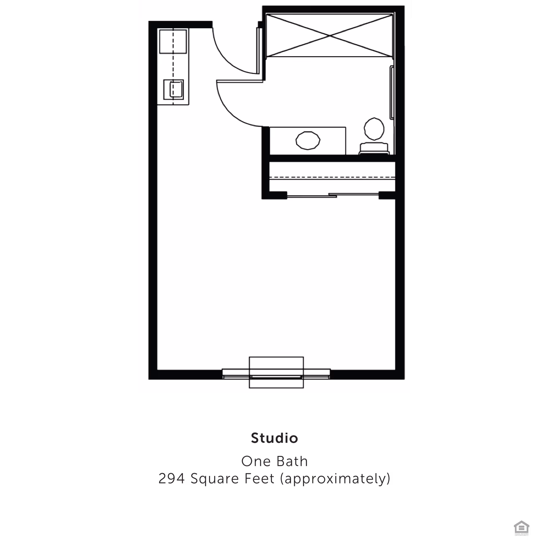 Black-and-white floor plan of a studio apartment showing a single main room, a kitchenette, a bathroom, a closet, and an entry with a window/door.