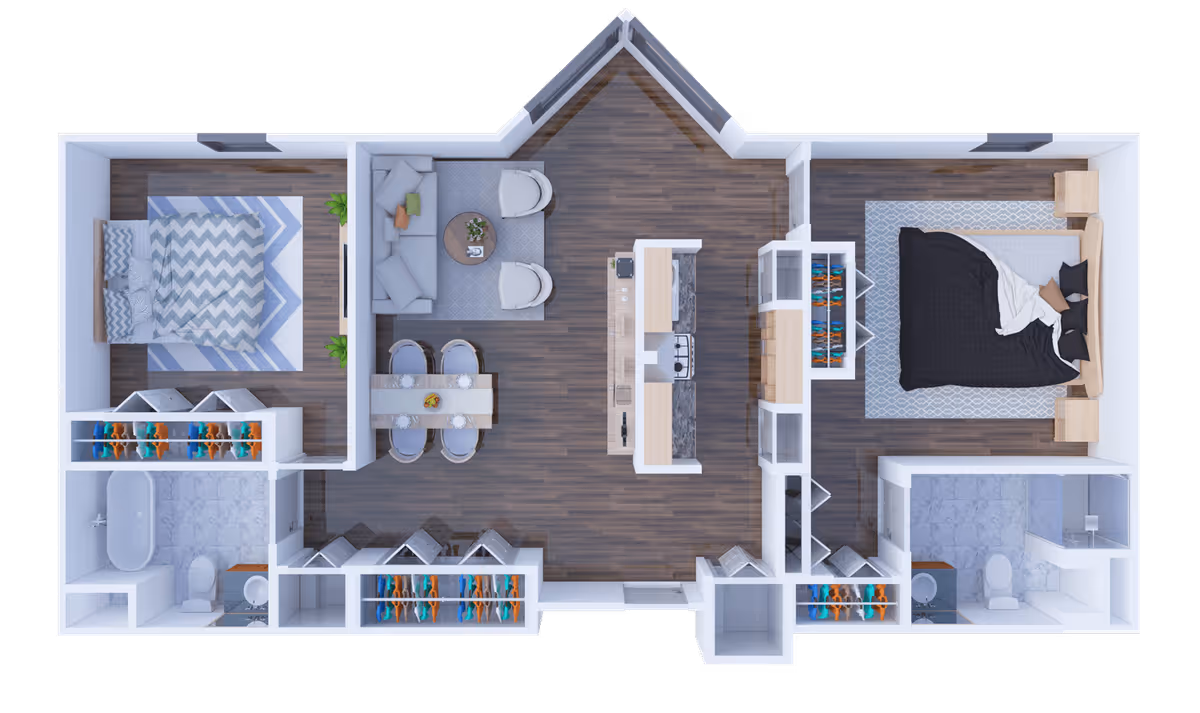 Top-down view of a two-bedroom apartment floor plan featuring a central living area with a sofa, two chairs, and a dining table with four chairs. The kitchen is adjacent with an island and appliances. Each bedroom has a bed and closet space. There are two bathrooms, one with a bathtub and the other with a shower.
