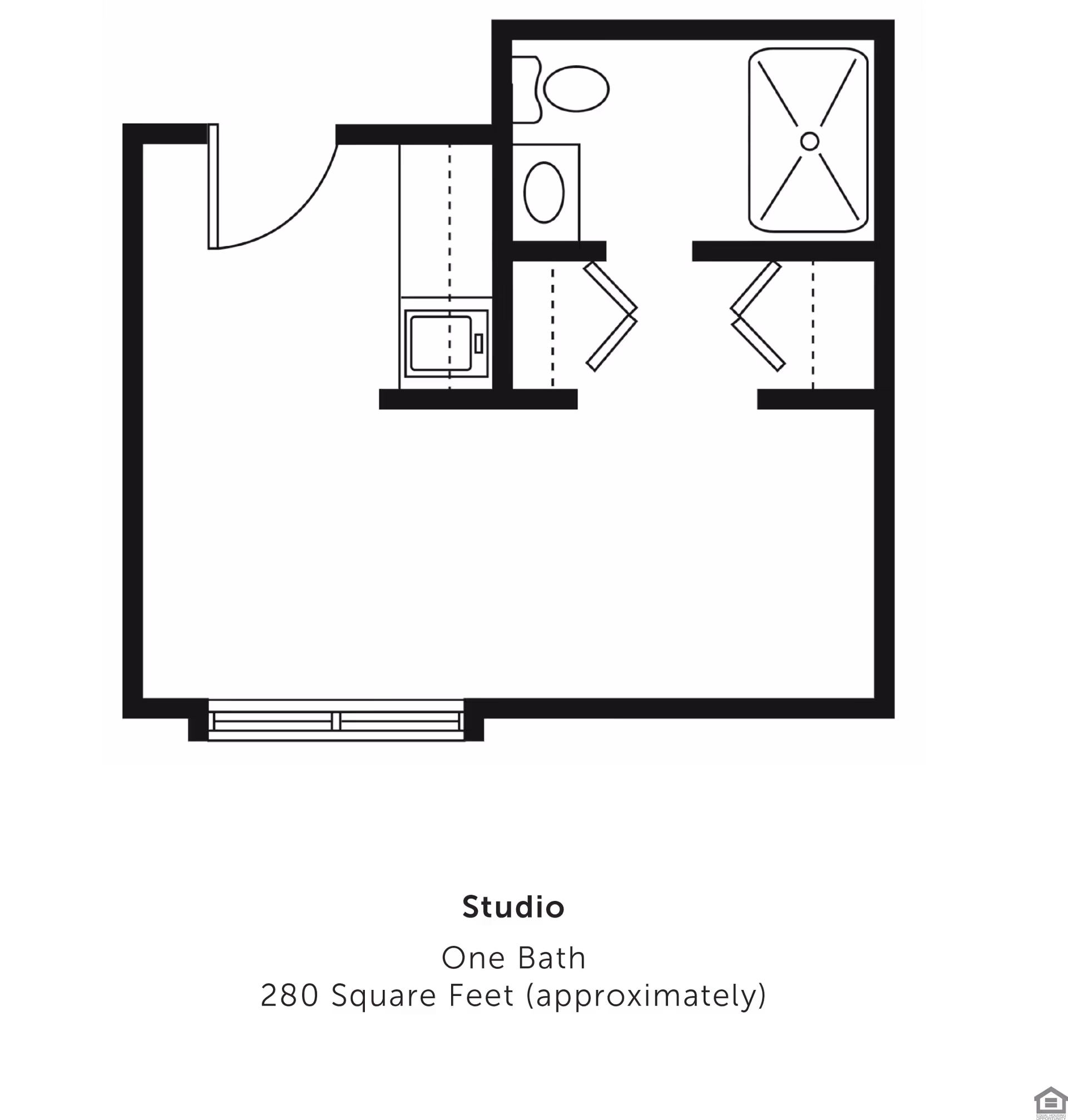 Black-and-white floor plan of a studio apartment showing a main living area, kitchenette, closets, and one bathroom.