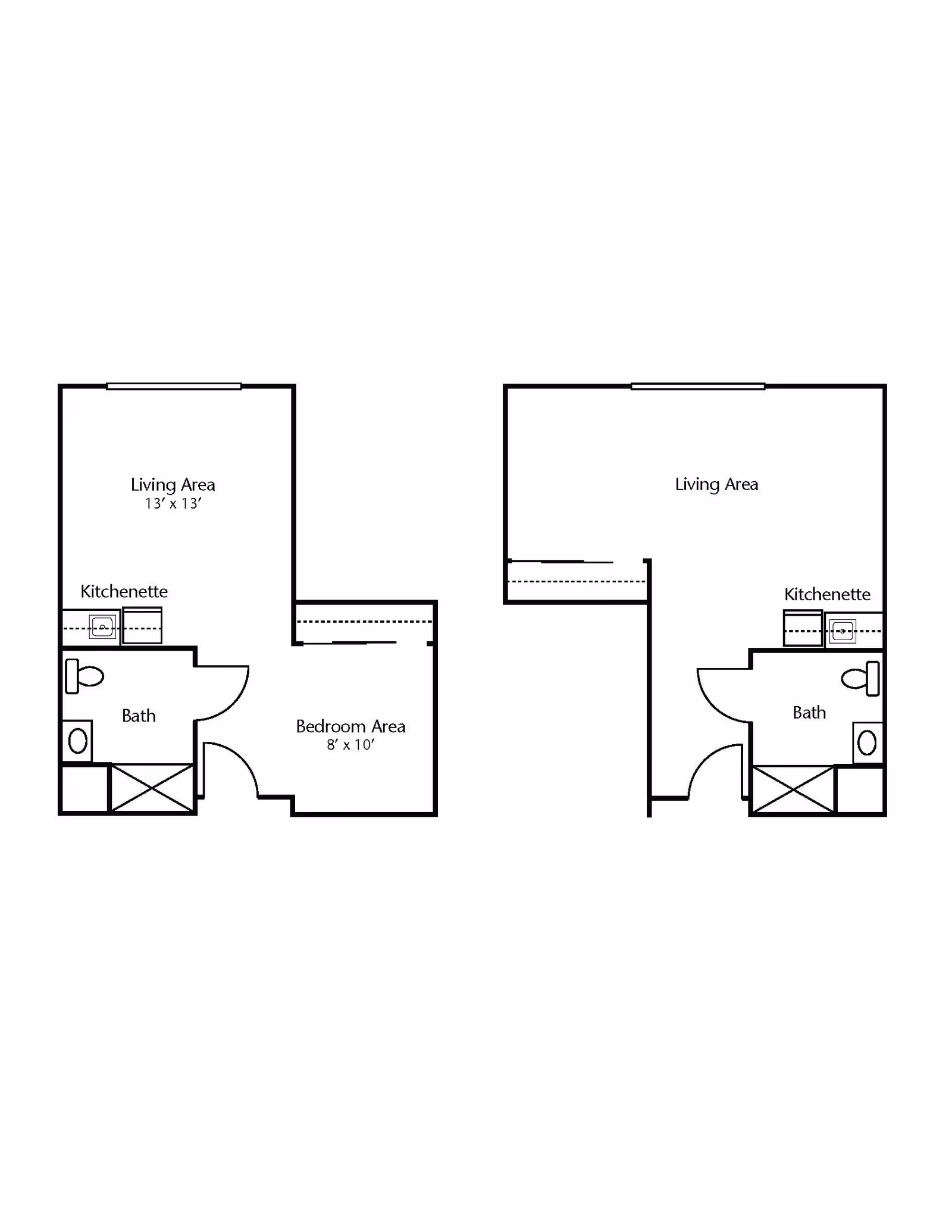 Architectural floor plan showing two studio apartment layouts with living areas, kitchenettes, bathrooms, and bedroom areas in one layout.