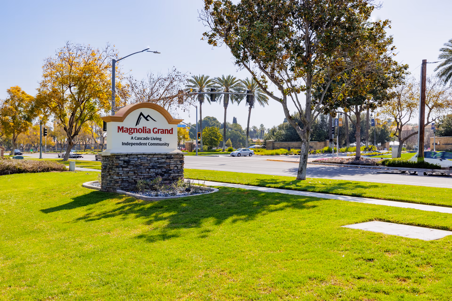 Entrance sign reading 'Magnolia Grand' on a stone base in a landscaped lawn beside a street with palm trees and cars in the background.