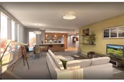 Open-concept living area with a sectional sofa facing a TV, a kitchen island with bar stools, a dining table, and large windows letting in natural light.