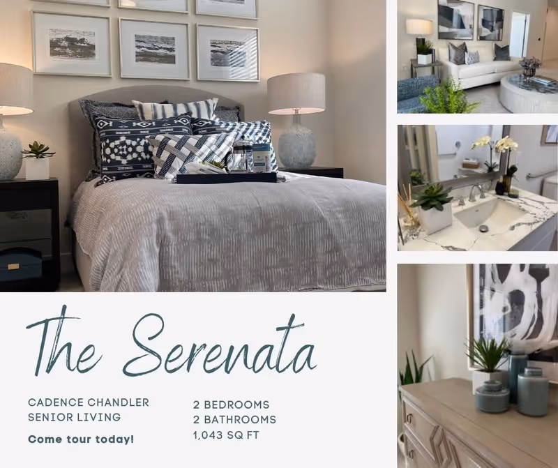 A collage of interior images from a senior living facility apartment named The Serenata at Cadence Chandler. The main image shows a neatly made bed with multiple decorative pillows and a tray on top, flanked by nightstands with lamps and small plants. Smaller images show a living room with a sofa and coffee table, a bathroom sink with a mirror and plants, and a dresser with decorative vases and a plant. Text on the image provides details about the apartment: 2 bedrooms, 2 bathrooms, 1,043 square feet, and an invitation to tour the facility.