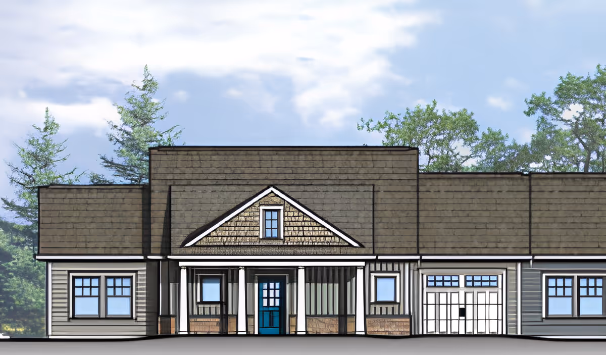 Front elevation illustration of the Chelsea Retirement Community building showing a central covered entrance with columns, windows, a garage door, and a shingled roof.