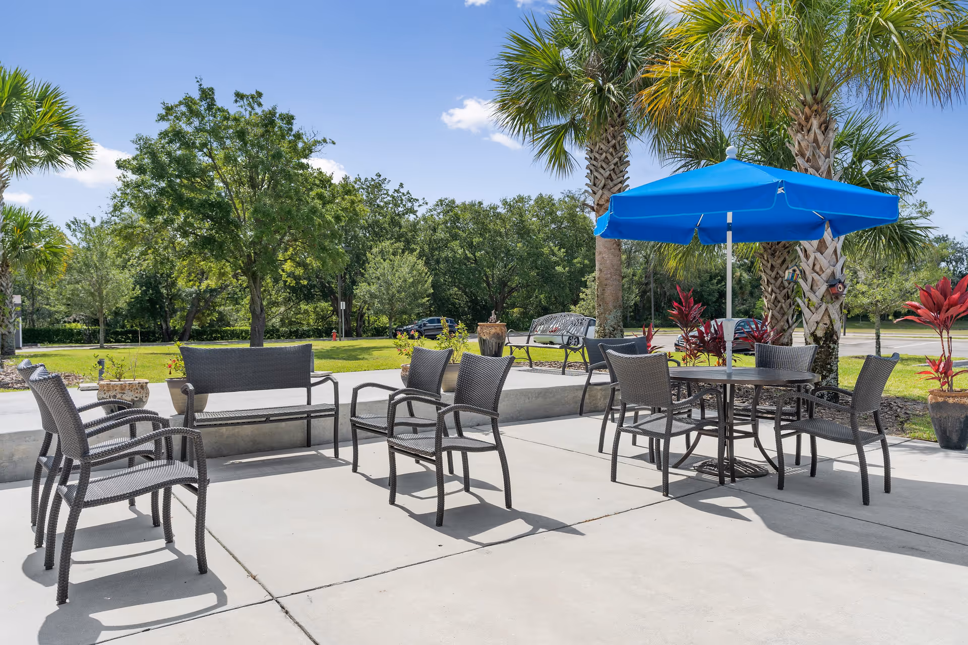 Outdoor patio seating with wicker chairs, tables and a blue umbrella set among palm trees and greenery.
