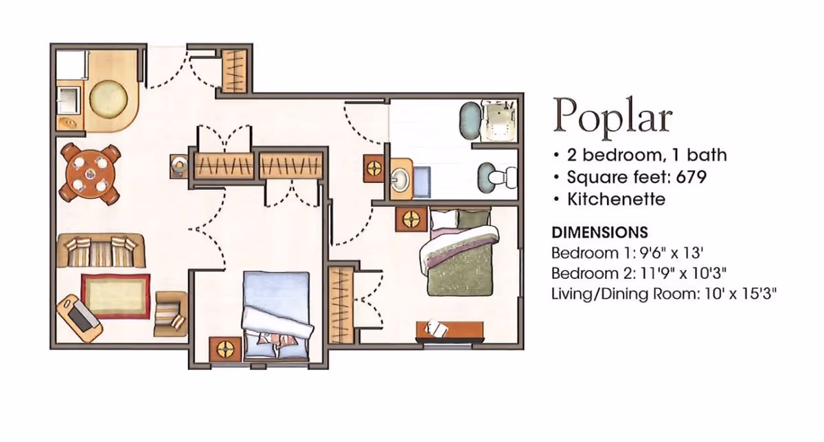 Floor plan of the Poplar unit at St Josephs Village showing a 2 bedroom, 1 bathroom layout with a kitchenette, living/dining room, and dimensions for each room.